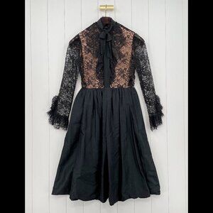 Vintage RARE 60s Geoffrey Beene Black Lace High Neck Ruffle Long Sleeve Dress 12
